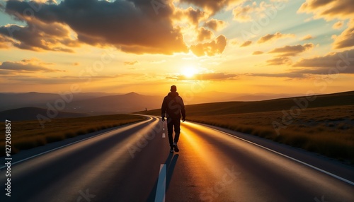 man walking alone on empty road towards vibrant sunset in dramatic sky
