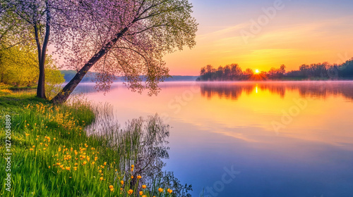 Spring lake at dawn with vibrant sunrise and blooming trees reflecting on calm water