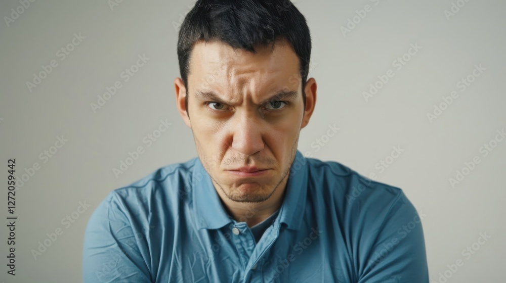 Man with dissatisfied expression in wrinkled blue polo shirt against light background Man with dissatisfied expression in wrinkled blue polo shirt against light background