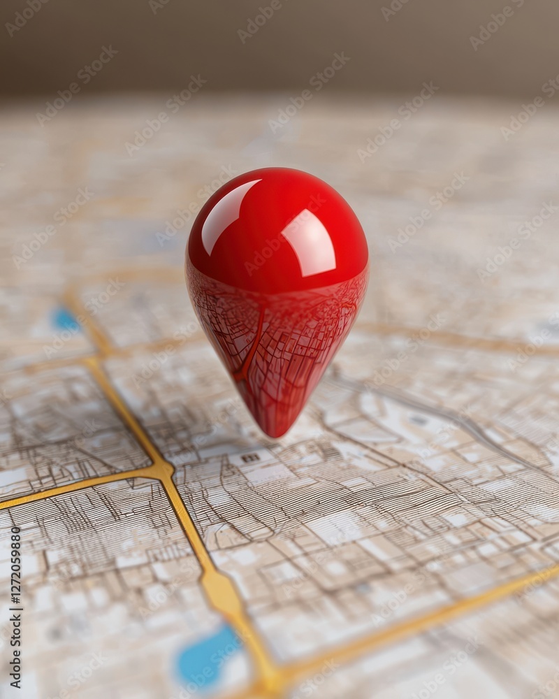 Red Map Pin Symbolizes Location on Abstract City Map with Detailed Streets and Landmarks in Soft Focus Background
