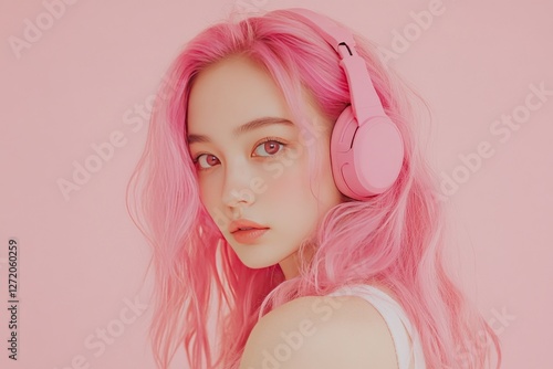 Wallpaper Mural Stylish Young Woman with Pink Hair and Headphones on a Soft Pink Background Torontodigital.ca