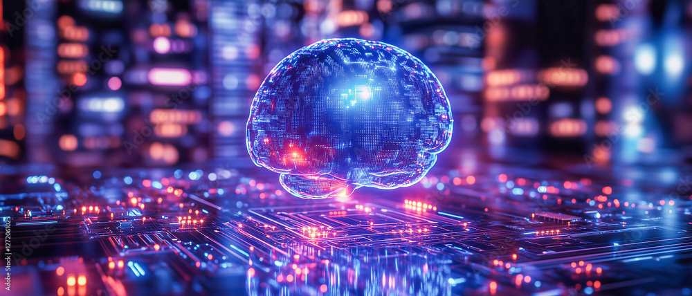 AI concept showing glowing brain over circuit board in futuristic cityscape AI concept showing glowing brain over circuit board in futuristic cityscape