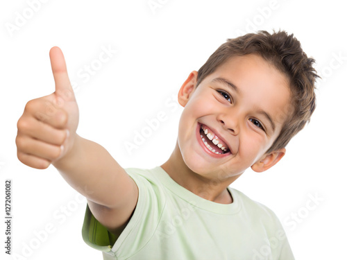 happy boy with thumbs up isolated on transparent background