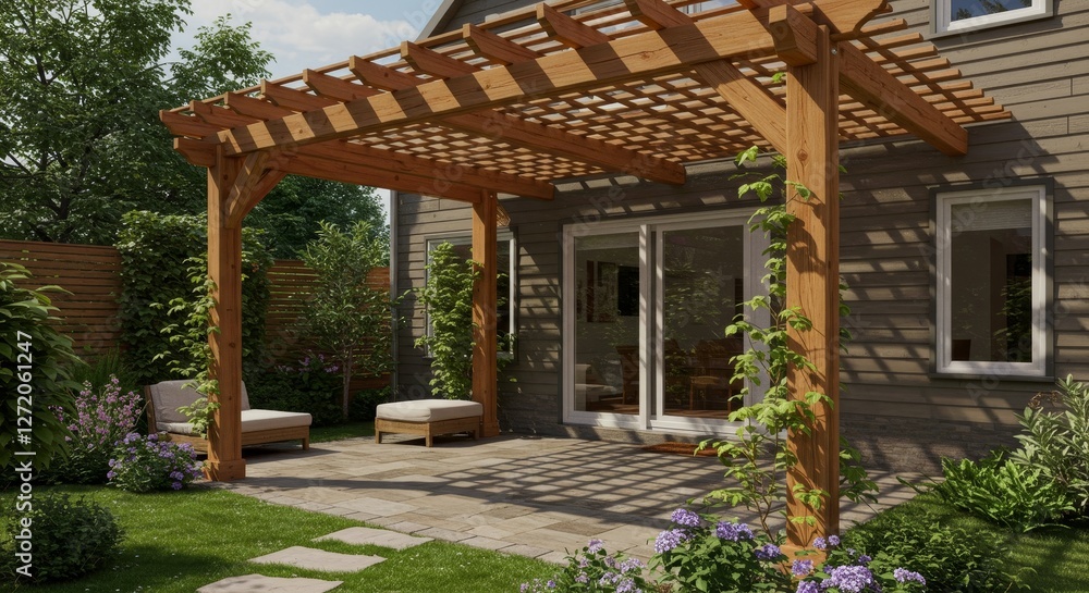 Wooden Pergola Patio Design - Relaxing patio scene with a wooden pergola, patio furniture, and lush landscaping. Ideal for summer relaxation and outdoor entertaining Wooden Pergola Patio Design - Relaxing patio scene with a wooden pergola, patio furniture, and lush landscaping. Ideal for summer relaxation and outdoor entertaining