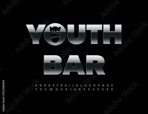 Vector Metallic logo Youth Club with Artistic Element. Black Silver Font. Cool Chrome Alphabet Letters and Numbers set.