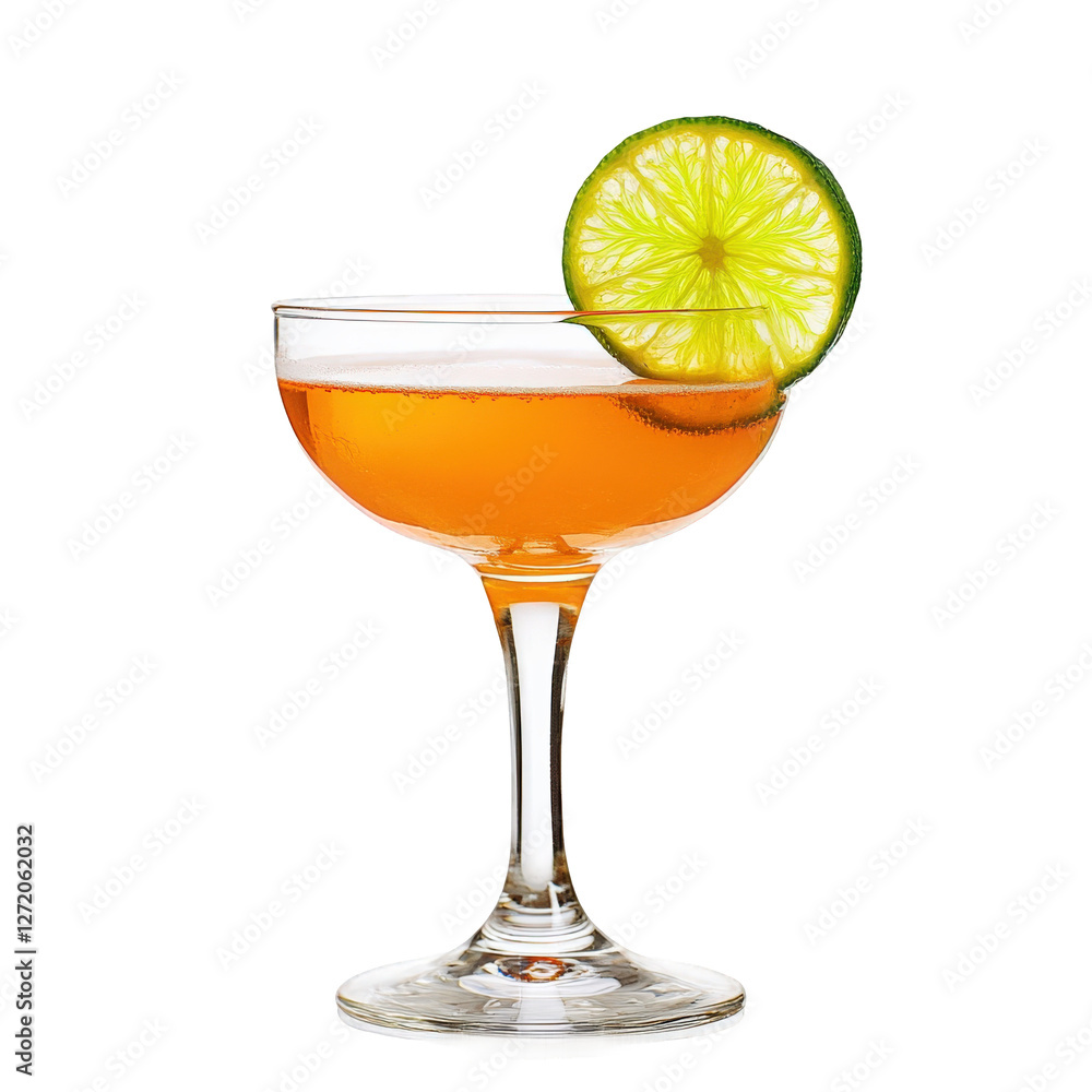 A graphic-style image of a citrus cocktail in a coupe glass, garnished with a lime slice, bright orange tones with natural shading, transparent background, PNG A graphic-style image of a citrus cocktail in a coupe glass, garnished with a lime slice, bright orange tones with natural shading, transparent background, PNG