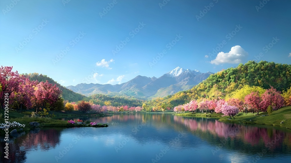 Serene Spring Landscape with Pink Blossom Trees and Mountain Reflection Serene Spring Landscape with Pink Blossom Trees and Mountain Reflection