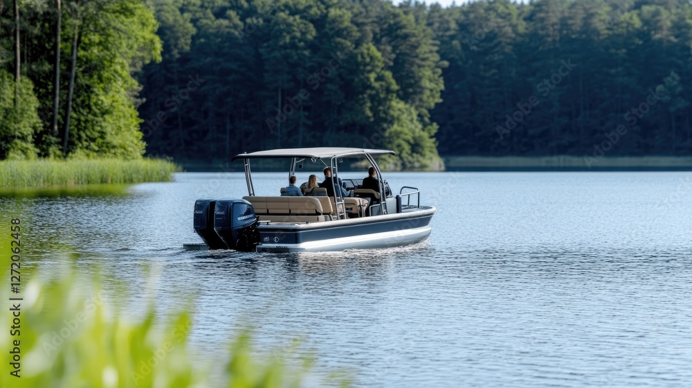 Naklejka premium Four people enjoy a peaceful summer day on a modern pontoon boat cruising a tranquil lake amid vibrant forest scenery