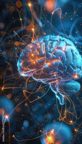 Interconnected Neural Pathways with Glowing Brain and Abstract Light Trails for Creative Design photo