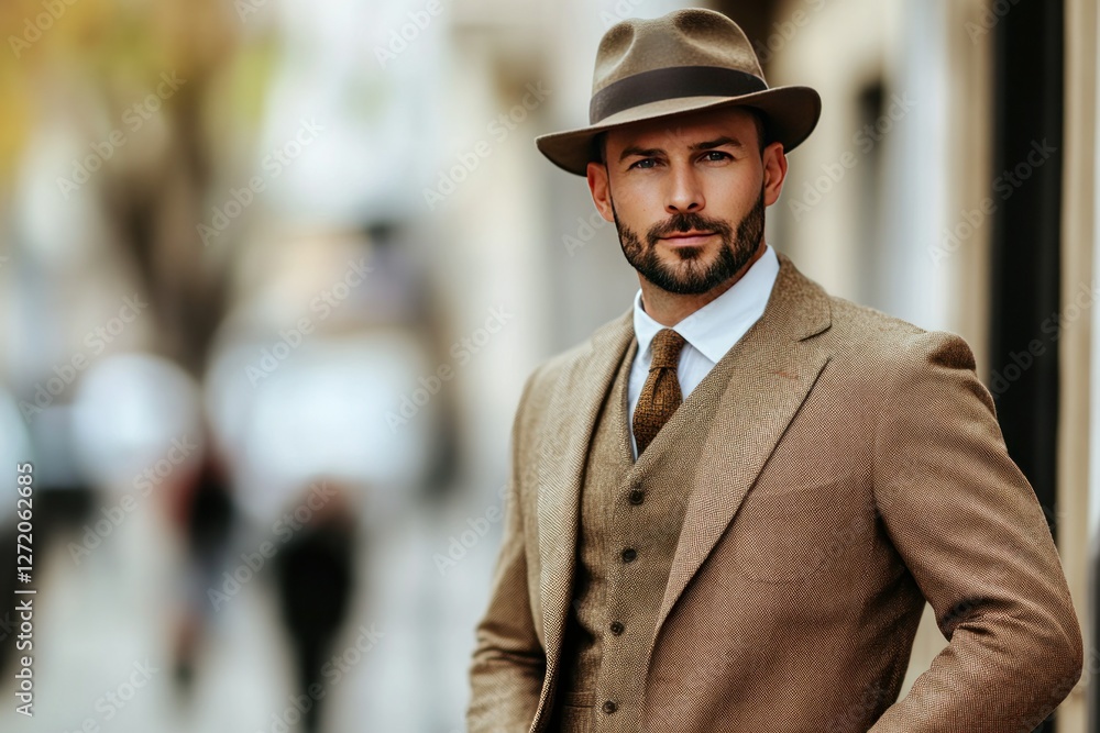 Stylish Man in Brown Suit and Hat Posing Confidently on City Street with People in Background Stylish Man in Brown Suit and Hat Posing Confidently on City Street with People in Background