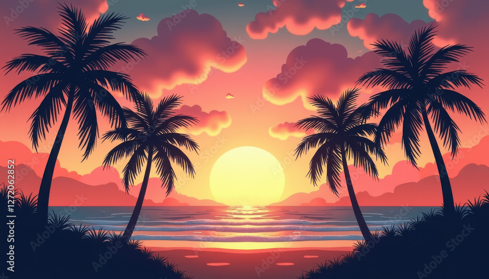 Fototapeta premium Tropical beach landscape with palm trees silhouetted against vibrant sunset and colorful sky