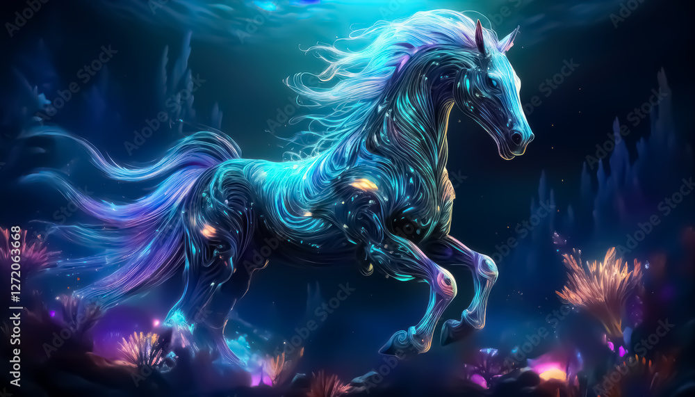 Mystical Underwater Horse with Glowing Mane and Vibrant Marine World Mystical Underwater Horse with Glowing Mane and Vibrant Marine World