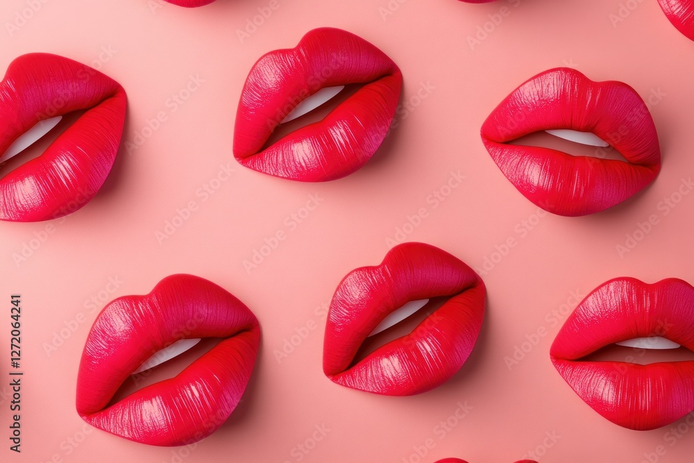 Obraz premium Vibrant Red Lips on Soft Pink Background Perfect for Fashion and Beauty Themes