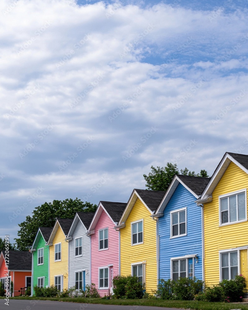 Colorful row of houses under a cloudy sky showcasing vibrant architecture and cheerful neighborhood aesthetics