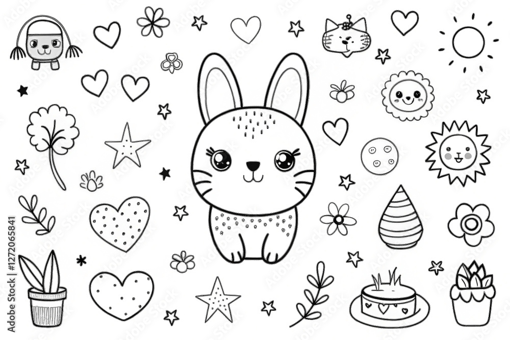 Cute cartoon rabbit coloring page with various elements Cute cartoon rabbit coloring page with various elements