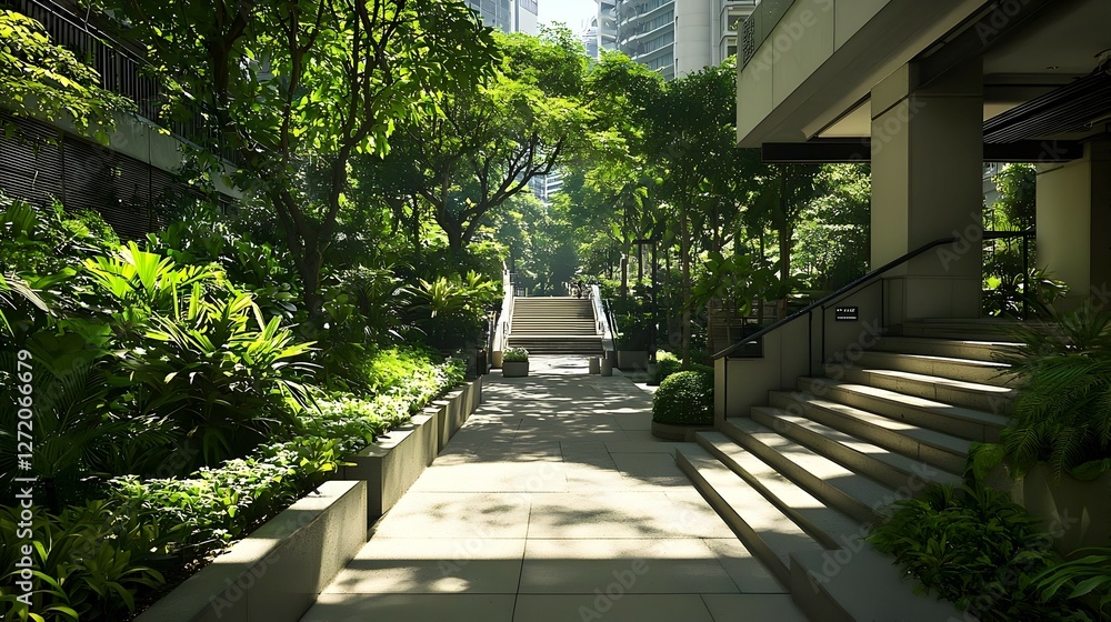 Fototapeta premium Sunlit Pathway Through Urban Greenery