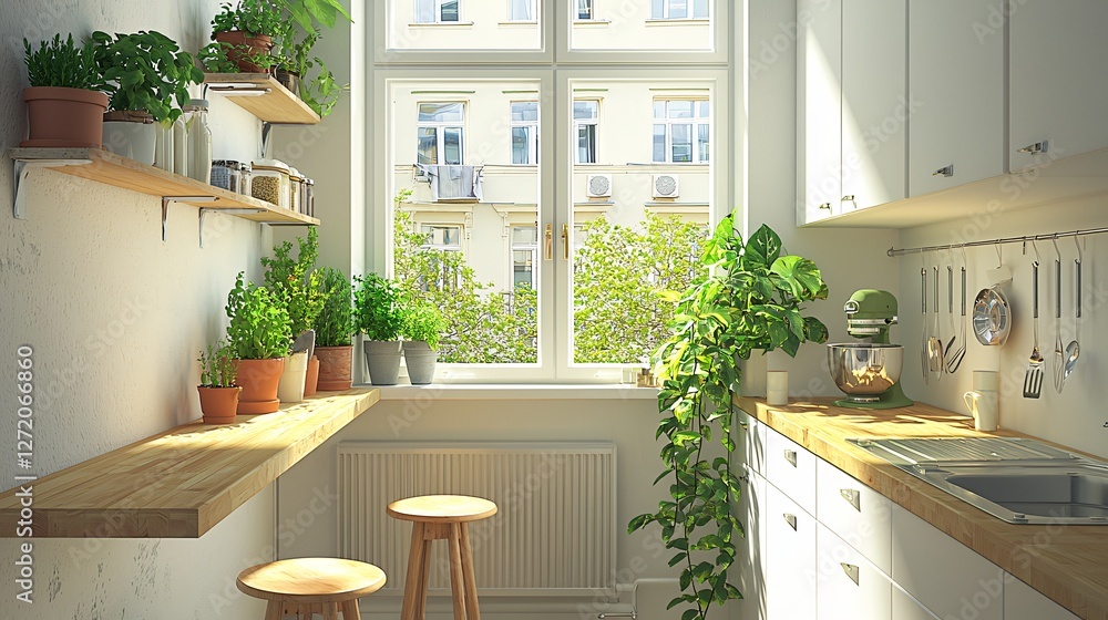 Sunny kitchen with herbs, plants, and window view Sunny kitchen with herbs, plants, and window view