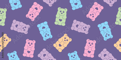 Modern bear gummy seamless pattern. Candy jelly bears on purple background for fabric, textile, wrapping paper, cover, backdrop, marmalade wallpaper. 
