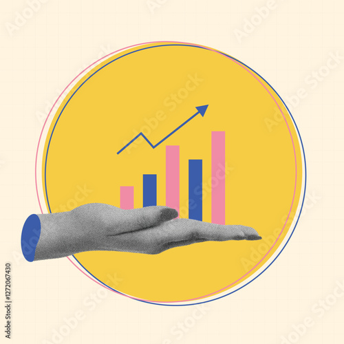 trendy Art collage with hand and graph. Concept of business, finance, economy, professionalism and success. 