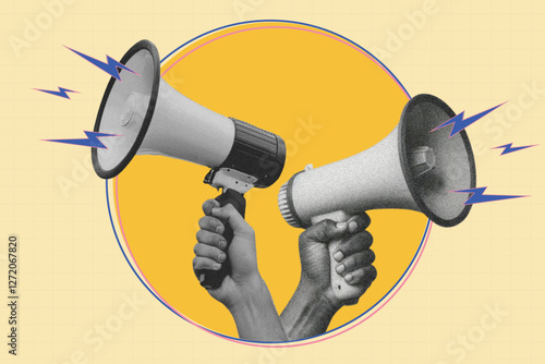 Trendy art collage featuring hands with megaphones. Concept of information, creativity, social problems, rumors
