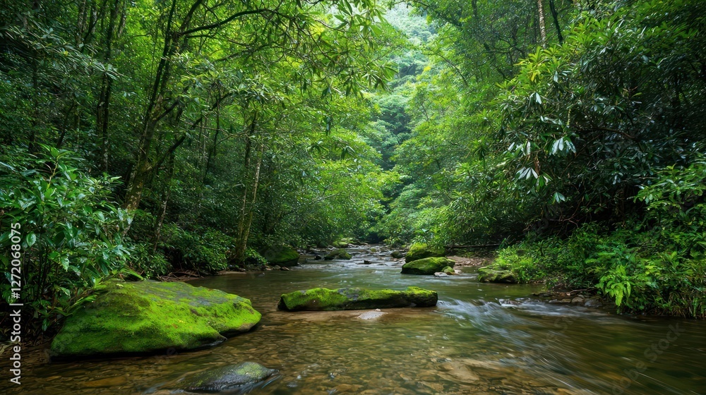 Obraz premium Lush Green Forest River Scene