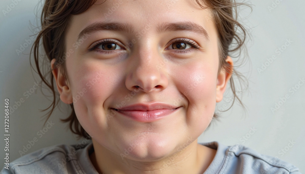 Joyful child smiling in soft light against plain background, happiness Joyful child smiling in soft light against plain background, happiness