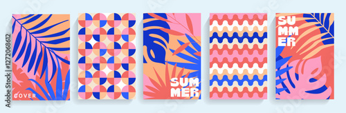 Set of modern tropical themed summer bright covers.Tropical leaves,jungle collection, simple geometric patterns.Template for design,print.Vertical banners, flyers for social media,web,ads,promo.Vector