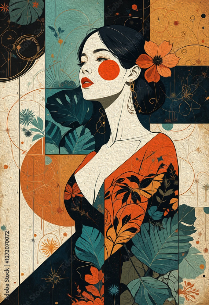 Fototapeta premium Fictional female character. Oil painting. Artistic brush strokes.