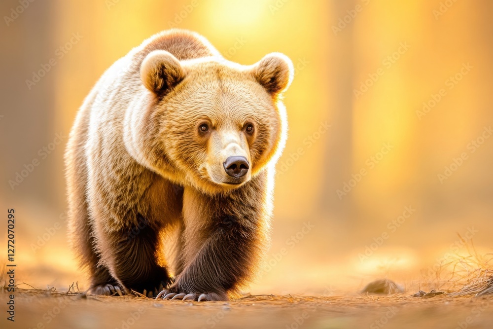 Fototapeta premium Majestic brown bear walks through misty forest at dawn, illuminated by soft golden morning light creating a moody atmosphere