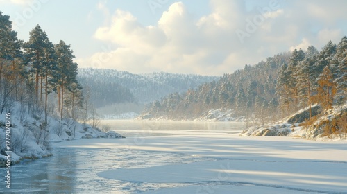 Wallpaper Mural Snowy winter landscape, frozen river, misty lake, sunlit pine forest Torontodigital.ca