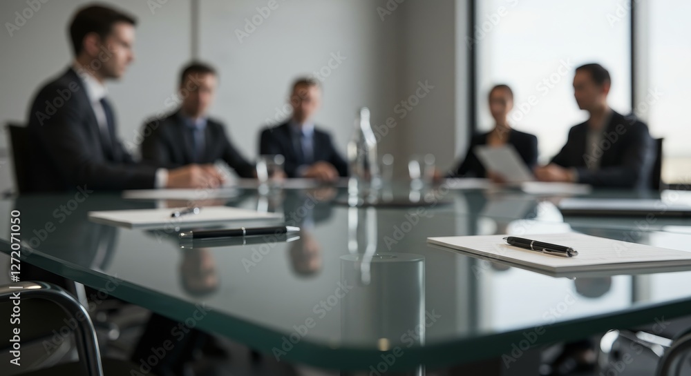 Conference Room Collaboration: Business Meeting in Progress - A blurred of a business meeting around a glass table, symbolizing teamwork, strategy, discussion, negotiation, and progress Conference Room Collaboration: Business Meeting in Progress - A blurred of a business meeting around a glass table, symbolizing teamwork, strategy, discussion, negotiation, and progress