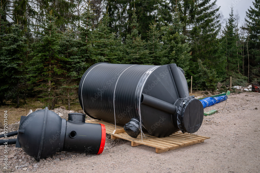 Large black plastic septic tank with additional components placed on a wooden pallet at an outdoor construction site Large black plastic septic tank with additional components placed on a wooden pallet at an outdoor construction site