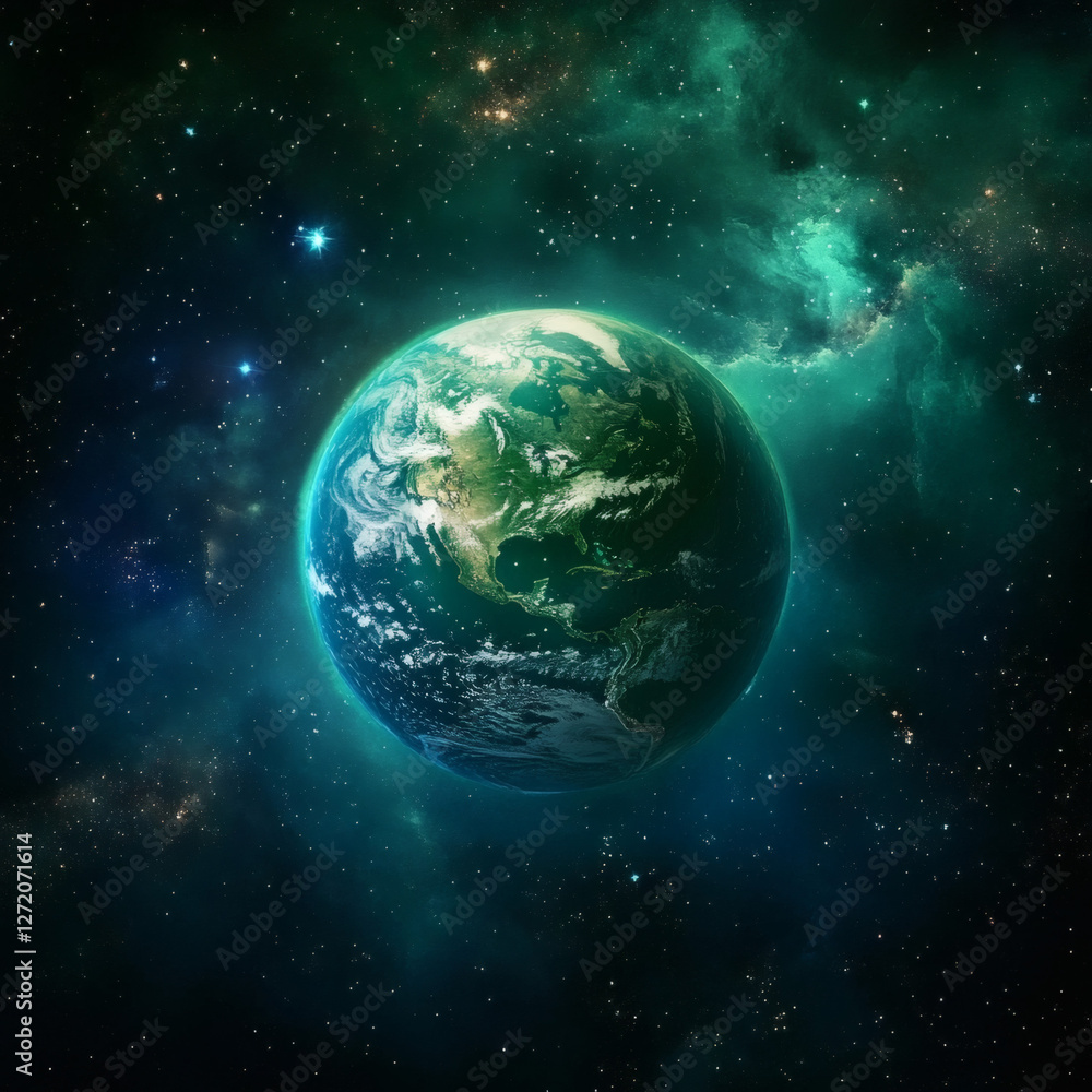 Fototapeta premium Earth viewed from space with green aurora and stars