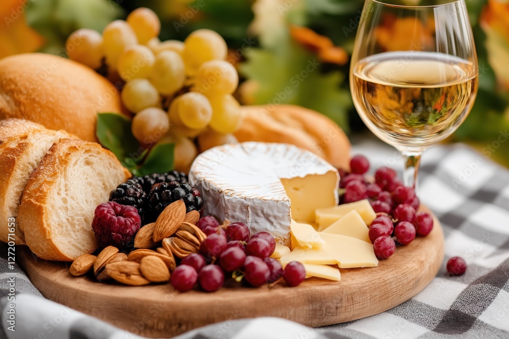 Cozy picnic setup featuring fresh fruit, cheese, bread, and wine on a checkered blanket in a serene outdoor setting Cozy picnic setup featuring fresh fruit, cheese, bread, and wine on a checkered blanket in a serene outdoor setting