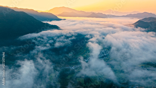 Aerial photography of beautiful countryside with morning mist and sea of clouds