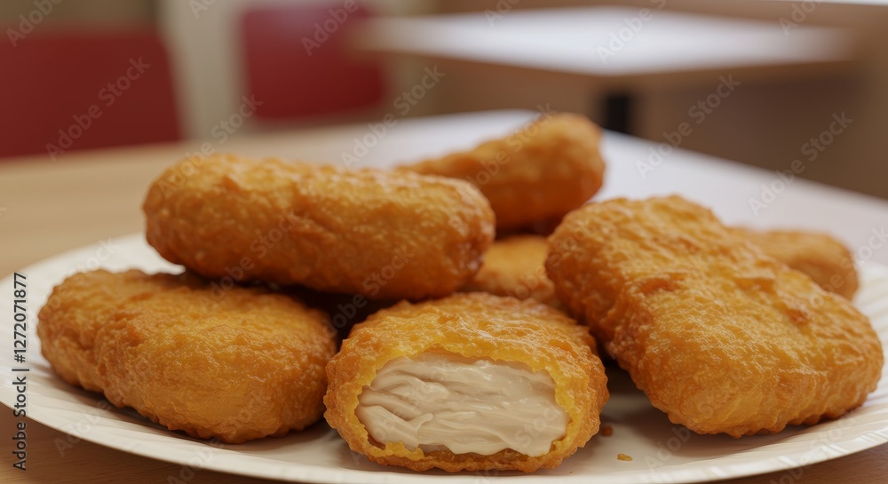 Crispy Chicken Nuggets Platter - A plate of golden-brown, crispy chicken nuggets, some showing a juicy, tender interior. Perfect for fast food, comfort food, or snacking Crispy Chicken Nuggets Platter - A plate of golden-brown, crispy chicken nuggets, some showing a juicy, tender interior. Perfect for fast food, comfort food, or snacking