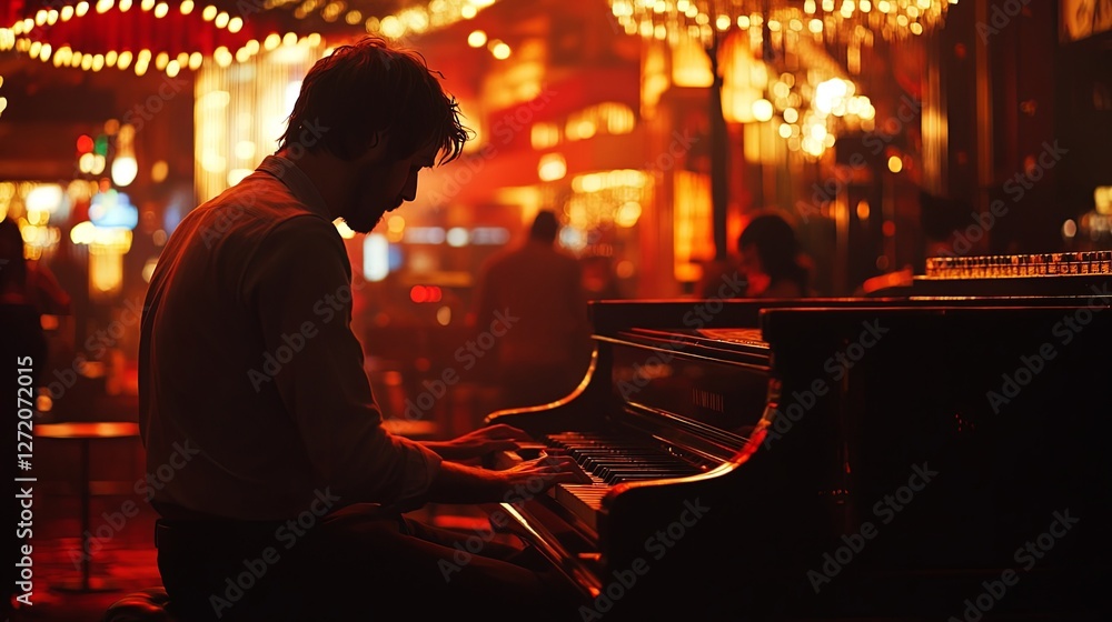 Young caucasian male playing piano in dimly lit jazz bar with warm lighting Young caucasian male playing piano in dimly lit jazz bar with warm lighting