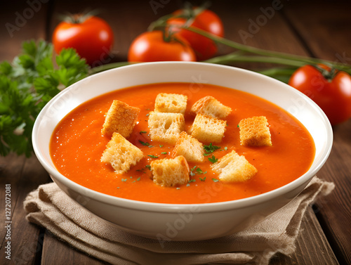 Delicious tomato soup with croutons and herbs, garnished on a wooden table