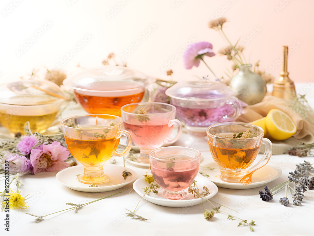Colorful selection of herbal teas in clear cups surrounded by dried flowers on a textured backdrop Colorful selection of herbal teas in clear cups surrounded by dried flowers on a textured backdrop