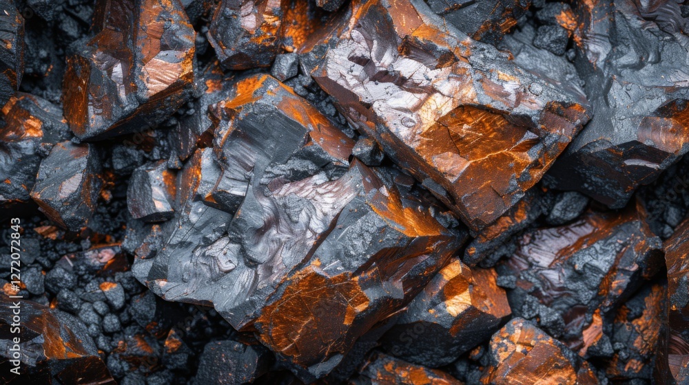 Natural minerals with dark tones and striking orange highlights are closely packed together, showcasing sharp angles and intricate textures under soft lighting.