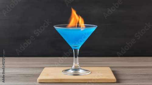 Blue cocktail on fire on wooden board, dark background photo