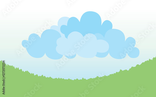 Summer landscape with clouds and green grass in a vector illustration style