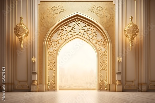 A stunning golden Islamic archway with intricate geometric patterns, exuding elegance and spirituality, with soft light illuminating the entrance to a serene space.