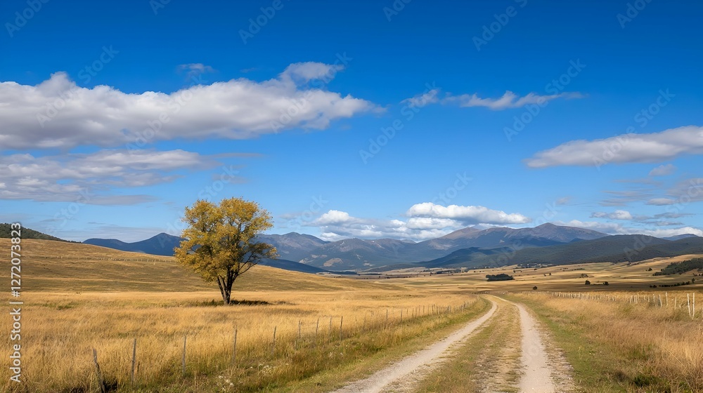 Autumnal Landscape with a Dirt Road Leading to Distant Mountains Autumnal Landscape with a Dirt Road Leading to Distant Mountains