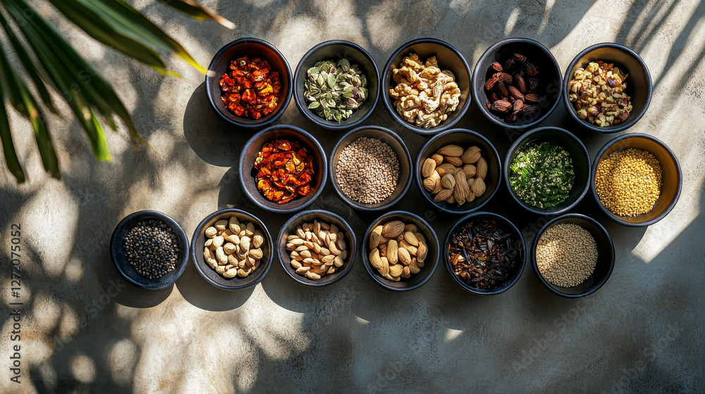 A top-down shot displaying bowls brimming with assorted nuts and seeds, artistically arranged on a textured concrete surface A top-down shot displaying bowls brimming with assorted nuts and seeds, artistically arranged on a textured concrete surface