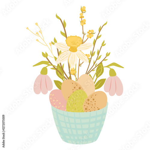 Easter basket with easter eggs and flowers, hamper with eggs, snowdrops vector illustration