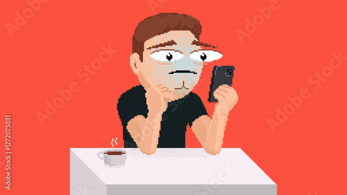 Pixel art depressed man sitting at the table and using mobile phone reading online message. Loneliness, mental health or life problem concept. Retro video game 8-bit style vector illustration.