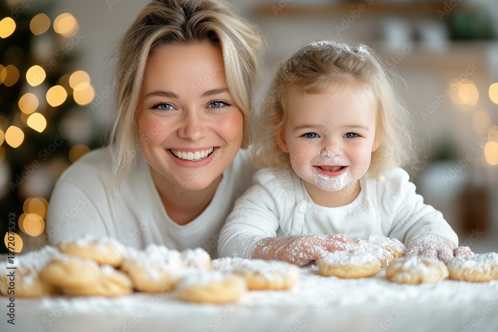 Mother and child joyfully baking cookies together in a sunny kitchen with laughter and flour-covered hands Mother and child joyfully baking cookies together in a sunny kitchen with laughter and flour-covered hands