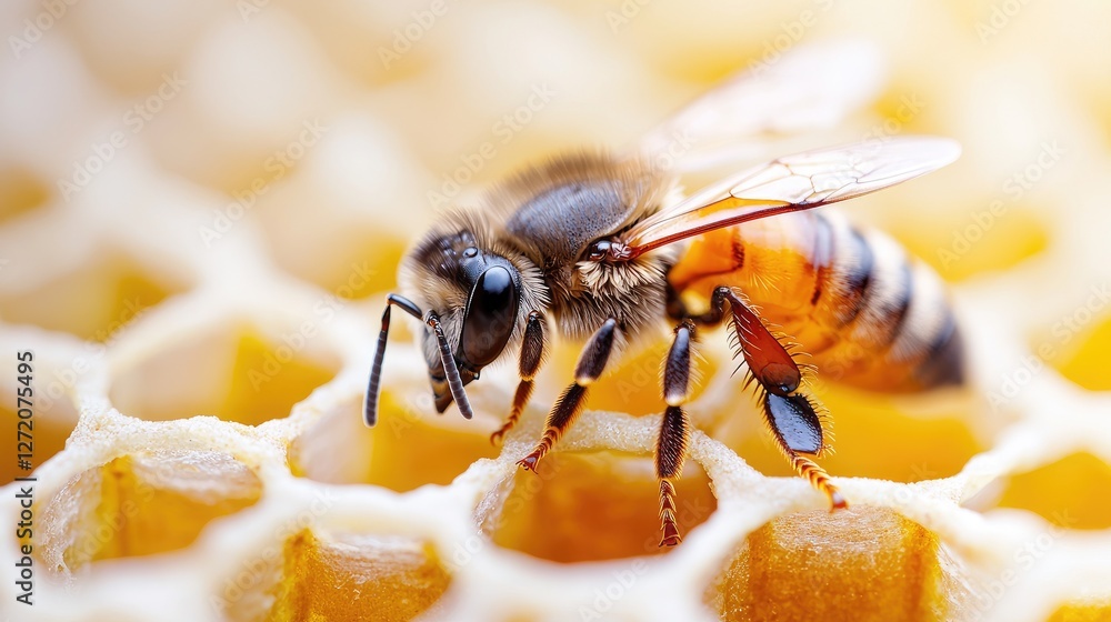 Honeybee on honeycomb, close-up view, pollen, nature Honeybee on honeycomb, close-up view, pollen, nature