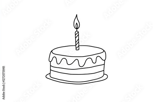 Birthday cake in continuous line art drawing style. Traditional birthday cake with candle on the top minimalist black linear sketch.